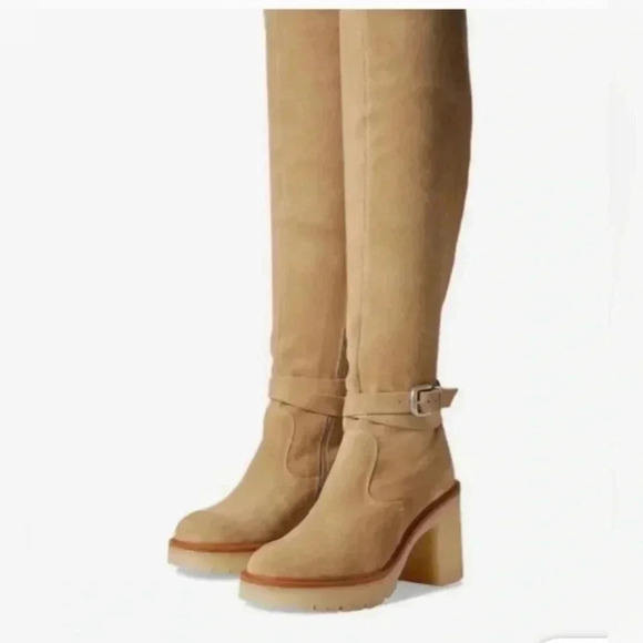 NEW FREE PEOPLE TAN BEIGE JASPER PLATFORM KNEE HIGH BOOTS SIZE 37/7 - Picture 1 of 12